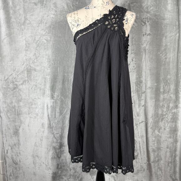 Free People Billie Battenburg One Shoulder‎ Mini Dress Large Black Lace Crochet - Picture 1 of 12
